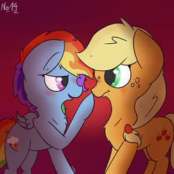 Size: 1280x1280 | Tagged: safe, artist:ezupack, applejack, rainbow dash, earth pony, pegasus, pony, g4, blushing, boop, cute, eye contact, female, flirting, happy, lesbian, looking at each other, ship:appledash, shipping, signature, simple background, smiling