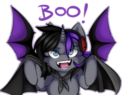 Size: 950x740 | Tagged: safe, artist:vanabette, oc, oc only, oc:purple flame, bat pony, pony, unicorn, cape, clothes, costume, fangs, halloween, halloween costume, headphones, holiday, looking at you, simple background, solo, transparent background, wings