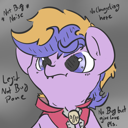 Size: 1080x1080 | Tagged: safe, artist:ezupack, oc, oc only, oc:tozuma, earth pony, pony, blatant lies, bust, clothes, cute, descriptive noise, disguise, disguised changeling, fangs, horse noises, implied changeling, silly, silly pony, simple background, solo