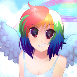 Size: 900x900 | Tagged: safe, artist:oceanchan, rainbow dash, human, g4, anime, anime style, breasts, cleavage, clothes, day, female, grin, humanized, looking at you, rainbow, sky, smiling, solo, starry eyes, sunlight, tank top, wingding eyes, winged humanization, wings