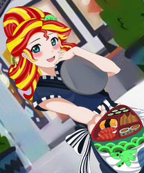 Size: 1280x1539 | Tagged: safe, artist:anonix123, edit, sunset shimmer, equestria girls, g4, good vibes, my little pony equestria girls: summertime shorts, alternate hairstyle, anime, apron, barrette, bento, blushing, clothes, female, food, hairclip, hairpin, happi, human coloration, looking at you, love live!, love live! school idol project, mall, offering, open mouth, rice, serving tray, smiling, solo, standing, style emulation, sunset sushi, sushi