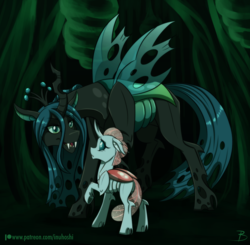 Size: 1260x1236 | Tagged: safe, artist:inuhoshi-to-darkpen, ocellus, queen chrysalis, changedling, changeling, changeling queen, g4, butt, compound eyes, duo, female, headcanon, looking at each other, mommy chrissy, mother and daughter, patreon, patreon logo, plot, raised hoof, size difference