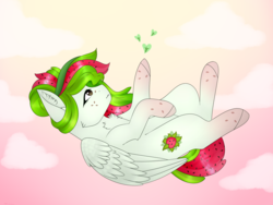 Size: 4000x3000 | Tagged: safe, artist:doux-ameri, oc, oc only, oc:watermelana, pegasus, pony, cloud, female, flying, freckles, gradient hooves, leaf, mare, sky, solo