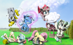 Size: 3000x1843 | Tagged: safe, artist:chopsticks, angel wings, coco pommel, derpy hooves, fluttershy, marble pie, trixie, vapor trail, pony, accessories, adorable distress, bow, chopsticks is trying to murder us, cloud, cocobetes, crying, cute, daaaaaaaaaaaw, derpabetes, despair, diatrixes, diawinges, feather, female, filly, flying, gazebo, gritted teeth, hair bow, hiding, levitation, magic, marblebetes, mare, nom, sad, self-levitation, shyabetes, silly, silly pony, sky, sleeping, smiling, tangled up, telekinesis, the council of shy ponies, upside down, vaporbetes, weapons-grade cute, yarn, yarn ball, younger