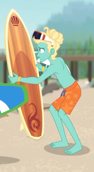 Size: 261x477 | Tagged: safe, screencap, gladys, zephyr breeze, blue crushed, equestria girls, g4, my little pony equestria girls: better together, arms, bare arms, barefoot, clothes, feet, male, partial nudity, shorts, sunglasses, surfboard, swimming trunks, topless