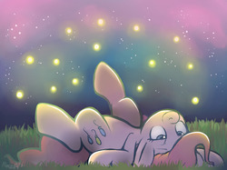 Size: 1280x956 | Tagged: safe, artist:php17, pinkie pie, firefly (insect), pony, g4, female, lidded eyes, night, on back, sky, solo, starry night, upside down