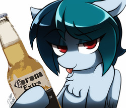 Size: 1400x1200 | Tagged: safe, artist:skylight, oc, oc only, oc:delta vee, pegasus, pony, alcohol, beer, blackletter, chest fluff, corona, female, floppy ears, looking at you, mare, simple background, smiling, solo, tongue out, white background