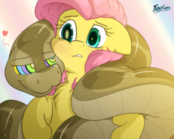 Size: 5000x4000 | Tagged: safe, artist:fluffyxai, fluttershy, pony, snake, g4, abstract background, chest fluff, coils, fluffy, imminent mind control, kaa eyes, nervous, smiling, smirk