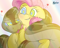 Size: 5000x4000 | Tagged: safe, artist:fluffyxai, fluttershy, pony, snake, g4, spoiler:comic71, abstract background, coils, drool, floating heart, heart, hypnoshy, hypnosis, kaa eyes, mind control, smiling, smirk