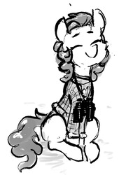 Size: 1141x1585 | Tagged: safe, artist:dimfann, oc, oc only, pony, black and white, clothes, eyes closed, female, grayscale, mare, monochrome, shirt, smiling, solo