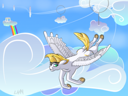 Size: 2000x1500 | Tagged: safe, artist:lvnnkartistries, oc, oc only, oc:swift wing, pegasus, pony, cloudsdale, flying, rainbow, solo