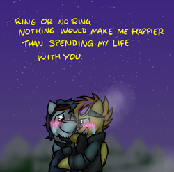 Size: 800x789 | Tagged: safe, artist:captainhoers, soarin', spitfire, pegasus, pony, ask firestarter spitfire, g4, blushing, crying, duo, female, goggles, hug, male, mare, marriage proposal, night, ship:soarinfire, shipping, snow, stallion, straight, tears of joy