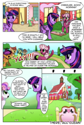 Size: 1800x2685 | Tagged: safe, artist:candyclumsy, apple bloom, cheerilee, scootaloo, sweetie belle, twilight sparkle, oc, alicorn, earth pony, pegasus, pony, unicorn, comic:curse and madness, g4, bucket, cleaning, comic, day, female, filly, grass, mare, mlpcam, mop, ponyville, school, sky, sparkles, spring cleaning, text, text bubbles, tree, twilight sparkle (alicorn), washing, window