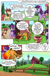 Size: 1800x2740 | Tagged: safe, artist:candyclumsy, apple bloom, applejack, twilight sparkle, alicorn, earth pony, pony, comic:curse and madness, g4, apple, apple bloom's bow, apple tree, barn, bow, cloud, day, female, fence, food, hair bow, mare, mlpcam, sky, sweet apple acres, tree, twilight sparkle (alicorn)