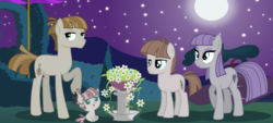 Size: 2964x1340 | Tagged: safe, artist:nocturna76, maud pie, mudbriar, oc, pony, g4, baby, baby pony, female, filly, male, missing accessory, moon, night, offspring, parent:maud pie, parent:mud briar, parents:maudbriar, ship:maudbriar, shipping, straight, teenager, wrong cutie mark