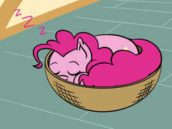Size: 1800x1350 | Tagged: safe, artist:flutterluv, pinkie pie, earth pony, pony, g4, basket, behaving like a cat, bowl, curled up, cute, daaaaaaaaaaaw, diapinkes, eyes closed, female, if i fits i sits, mare, sleeping, solo, zzz