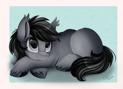 Size: 2494x1816 | Tagged: safe, artist:pridark, oc, oc only, earth pony, pony, blank flank, commission, crossed hooves, cute, female, mare, ocbetes, prone, smiling, solo, unshorn fetlocks