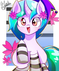 Size: 1248x1501 | Tagged: safe, artist:yuyutsuka_0130, oc, oc only, oc:yukari, pony, unicorn, clothes, female, looking at you, mare, socks, solo, striped socks