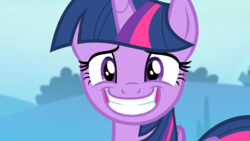 Size: 1920x1080 | Tagged: safe, screencap, twilight sparkle, alicorn, pony, g4, to where and back again, bust, female, forced smile, grin, gritted teeth, mare, outdoors, poker face, portrait, smiling, solo, twilight sparkle (alicorn), wallpaper