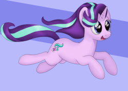 Size: 2105x1489 | Tagged: safe, artist:noosa, starlight glimmer, pony, unicorn, g4, abstract background, cute, excited, female, glimmerbetes, jumping, leaping, mare, open mouth, simple background, solo