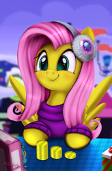 Size: 3360x5120 | Tagged: safe, artist:darksly, fluttershy, holly the hearths warmer doll, pegasus, pony, g4, my little pony best gift ever, bits, clothes, cute, earmuffs, female, happy, mare, scene interpretation, shyabetes, smiling, solo, winter outfit