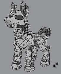 Size: 3417x4120 | Tagged: safe, artist:dombrus, oc, oc only, oc:steelhooves, earth pony, pony, fallout equestria, armor, bullet hole, fanfic, fanfic art, hooves, male, power armor, simple background, solo, stallion, steel ranger