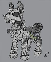 Size: 3417x4120 | Tagged: safe, artist:dombrus, oc, oc only, oc:steelhooves, earth pony, pony, fallout equestria, armor, bullet hole, fanfic, fanfic art, gray background, grenade launcher, gun, hooves, machine gun, male, minigun, power armor, simple background, solo, stallion, steel ranger, weapon
