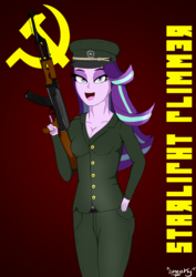 Size: 2480x3508 | Tagged: safe, artist:sneakycsgo, starlight glimmer, human, equestria girls, g4, ak-47, assault rifle, breasts, cleavage, clothes, communism, female, gun, hammer and sickle, high res, rifle, solo, soviet, stalin glimmer, uniform, weapon