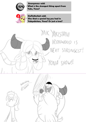 Size: 1152x1632 | Tagged: safe, artist:sintakhra, sandbar, yona, earth pony, pony, yak, tumblr:studentsix, g4, abuse, ask, bow, cloven hooves, female, grayscale, hair bow, hoof hold, imminent pain, impending doom, log, male, monkey swings, monochrome, sandabuse, simple background, sitting, smiling, teenager, this will end in pain and/or death, this will end in tears, tumblr, white background