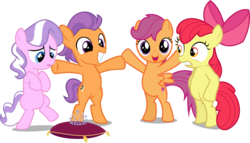 Size: 3580x2046 | Tagged: safe, artist:dasprid, artist:felix-kot, artist:frownfactory, artist:magerblutooth, artist:misteraibo, artist:thatguy1945, edit, edited edit, editor:slayerbvc, vector edit, apple bloom, diamond tiara, scootaloo, tender taps, earth pony, pegasus, pony, g4, accessory-less edit, apple bloom's bow, belly, bipedal, bow, colt, cushion, cutie mark, female, filly, grin, hair bow, happy, high res, jewelry, looking at you, looking down, male, pillow, simple background, smiling, standing, the cmc's cutie marks, tiara, transparent background, vector
