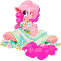 Size: 3000x3000 | Tagged: safe, artist:dimfann, color edit, edit, edited edit, editor:seiken, pinkie pie, earth pony, pony, g4, bouquet, bride, clothes, colored, cute, dress, female, floppy ears, floral head wreath, flower, flower in hair, frog (hoof), high res, hoof hold, looking at you, looking sideways, mare, simple background, sitting, smiling, solo, spread legs, spreading, transparent background, underhoof, wedding dress