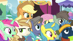 Size: 1280x720 | Tagged: safe, screencap, applejack, fluttershy, lemon hearts, minty bubblegum, star hunter, sweet biscuit, earth pony, pony, unicorn, best gift ever, g4, applejack's hat, clothes, cowboy hat, crowd, female, freckles, frown, hat, lidded eyes, male, mare, raised eyebrow, scarf, smiling, stallion, stetson, sweater, winter outfit