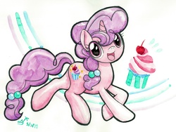 Size: 4000x3000 | Tagged: safe, artist:michiito, sugar belle, pony, unicorn, g4, cupcake, female, food, mare, solo, watercolor painting