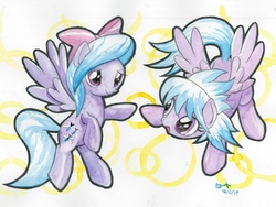 Size: 4000x3000 | Tagged: safe, artist:michiito, cloudchaser, flitter, pegasus, pony, g4, bow, duo, female, mare, sisters, watercolor painting