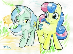 Size: 4000x2944 | Tagged: safe, artist:michiito, bon bon, lyra heartstrings, sweetie drops, earth pony, pony, unicorn, g4, female, mare, watercolor painting