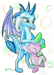 Size: 2888x4000 | Tagged: safe, artist:michiito, princess ember, spike, dragon, g4, butt, dragoness, duo, eyes closed, female, hug, male, ship:emberspike, shipping, spikelove, straight, traditional art, watercolor painting