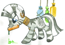 Size: 4000x2803 | Tagged: safe, artist:michiito, zecora, pony, zebra, g4, cute, ear piercing, earring, female, jewelry, piercing, potion, simple background, solo, watercolor painting, white background