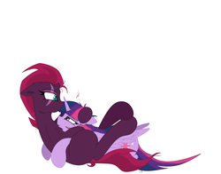 Size: 1748x1372 | Tagged: safe, artist:groomlake, fizzlepop berrytwist, tempest shadow, twilight sparkle, alicorn, pony, unicorn, g4, my little pony: the movie, colored, female, hug, legs in air, lesbian, love, lying down, mare, relaxing, ship:tempestlight, shipping, simple background, snuggling, twilight sparkle (alicorn), white background