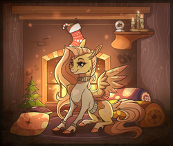 Size: 2525x2117 | Tagged: safe, artist:marbola, fluttershy, pony, g4, bottomless, candy, candy cane, christmas, christmas tree, clothes, comfy, cozy, female, fireplace, food, high res, holiday, partial nudity, sitting, snow globe, solo, sweater, sweatershy, tail feathers, tree