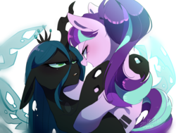 Size: 1720x1300 | Tagged: safe, artist:potetecyu_to, queen chrysalis, starlight glimmer, changeling, changeling queen, pony, unicorn, g4, duo, expectation vs reality, female, glimmerlis, hug, lesbian, mare, open mouth, request, requested art, s5 starlight, shipping, smiling