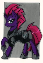 Size: 1133x1639 | Tagged: safe, artist:canvymamamoo, tempest shadow, pony, unicorn, g4, armor, broken horn, female, horn, mare, solo, traditional art