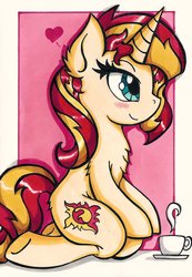 Size: 1139x1642 | Tagged: safe, artist:canvymamamoo, sunset shimmer, pony, unicorn, g4, anatomically incorrect, cup, female, incorrect leg anatomy, kneeling, mare, solo, teacup, traditional art