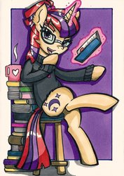 Size: 1350x1904 | Tagged: safe, artist:canvymamamoo, moondancer, pony, unicorn, g4, book, clothes, female, magic, mare, solo, stool, sweater, traditional art