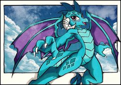 Size: 2048x1441 | Tagged: safe, artist:canvymamamoo, princess ember, dragon, g4, armpits, blushing, cloud, cute, dragoness, emberbetes, female, flying, looking at you, marker drawing, solo, traditional art