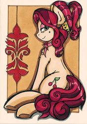 Size: 1350x1917 | Tagged: safe, artist:canvymamamoo, cherry jubilee, earth pony, pony, g4, female, looking at you, looking back, looking back at you, mare, solo, traditional art