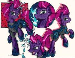Size: 2177x1665 | Tagged: safe, artist:canvymamamoo, tempest shadow, pony, unicorn, g4, armor, broken horn, eye scar, female, horn, magic, mare, scar, simple background, solo, traditional art, white background