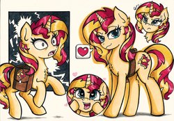 Size: 2048x1425 | Tagged: safe, artist:canvymamamoo, sunset shimmer, pony, unicorn, g4, cute, female, heart, mare, saddle bag, shimmerbetes, solo, traditional art