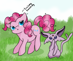 Size: 2500x2100 | Tagged: safe, artist:rainbowtashie, pinkie pie, espeon, g4, boop, crossover, grass, high res, pinkie sense, pokémon, self-boop