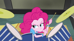 Size: 1280x714 | Tagged: safe, screencap, pinkie pie, equestria girls, rainbow rocks, annoyed, drums, drumsticks, female, musical instrument, pinkie pie is not amused, rimshot, solo, unamused