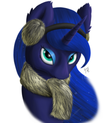 Size: 1750x2000 | Tagged: safe, artist:tunrae, princess luna, alicorn, pony, g4, clothes, earmuffs, female, looking at you, scarf, simple background, solo, transparent background